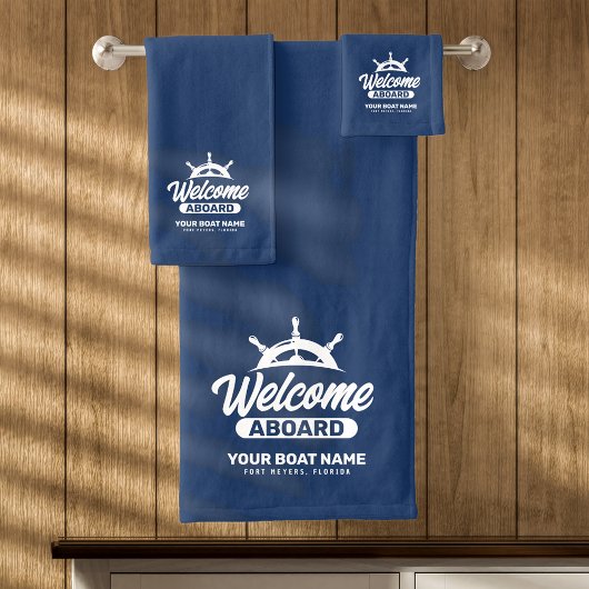Aangepaste Navy Blue Bootnaam Welkom Aan Boord Bad Handdoek