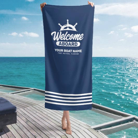 Aangepaste Navy Blue Bootnaam Welkom Aan Boord Strandlaken