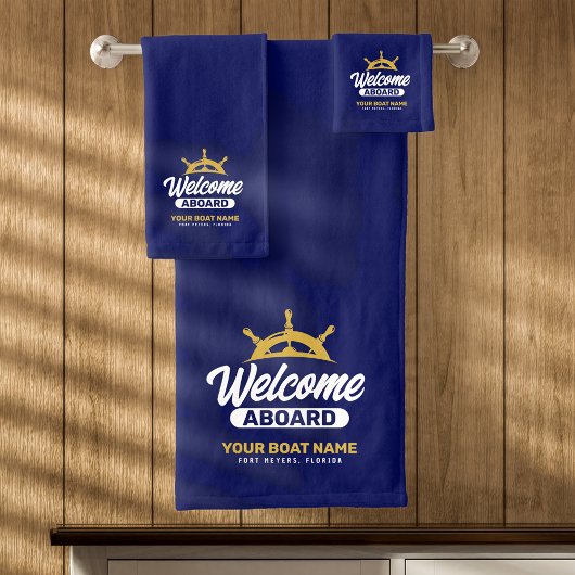Aangepaste Navy Blue & Goud Bootnaam Welkom Aan Bo Bad Handdoek