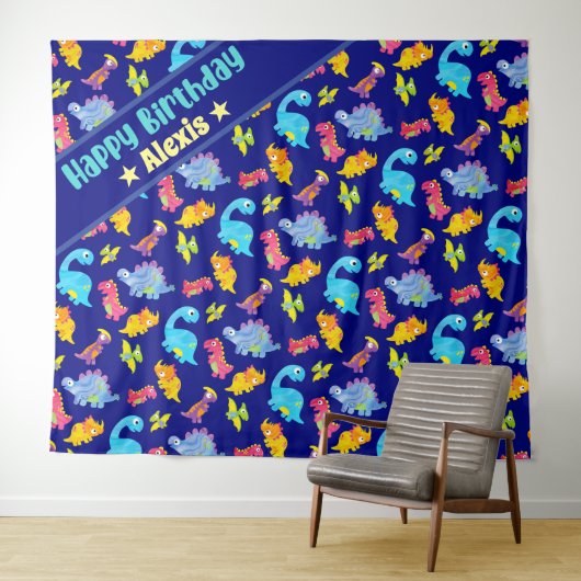 Aangepaste Navy Blue Kleurrijke Dinosaurus Verjaar Wandkleed (In Situ (horizontaal))