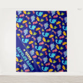 Aangepaste Navy Blue Kleurrijke Dinosaurus Verjaar Wandkleed (Voorkant)