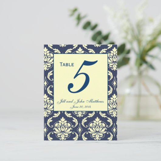 Aangepaste Navy Damask Trouwtafel nummer 2 Briefkaart (Staand voorkant)