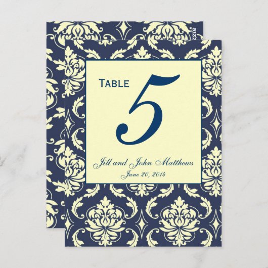 Aangepaste Navy Damask Trouwtafel nummer 2 Briefkaart (Voorkant / Achterkant)
