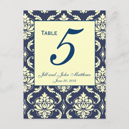 Aangepaste Navy Damask Trouwtafel nummer 2 Briefkaart (Voorkant)