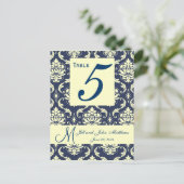 Aangepaste Navy Damask Trouwtafel Nummer Briefkaart (Staand voorkant)