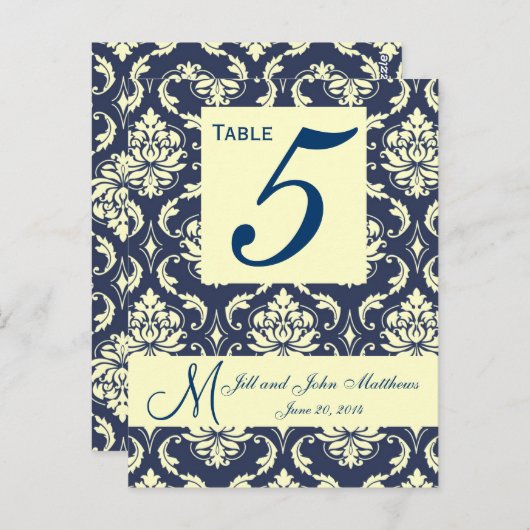 Aangepaste Navy Damask Trouwtafel Nummer Briefkaart (Voorkant / Achterkant)