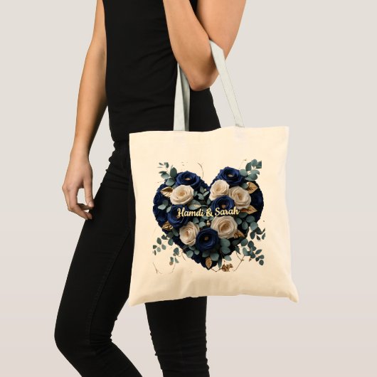 Aangepaste Navy Goud Bloemige Monogram Begrotingst Tote Bag (Voorkant (product))