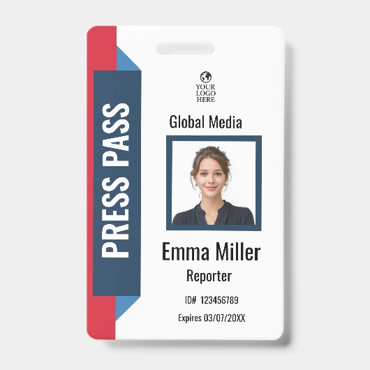 Aangepaste Navy & Red Media Pass | Druk op ID-badg Badge (Voorzijde)