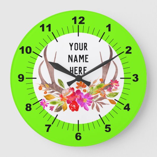 Aangepaste Neon Green Floral Grote klok (Voorkant)