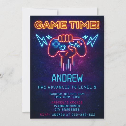 Aangepaste neon videogame verjaardagsuitnodiging v kaart (Voorkant)