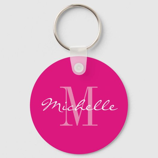 Aangepaste neonroze monogram knop sleutelhanger (Voorkant)