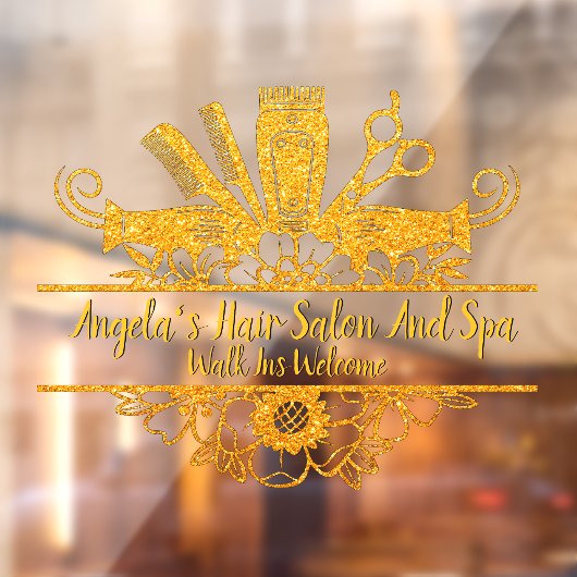 Aangepaste nep gouden glitter kapsalon en spa raamsticker (Vel 2)