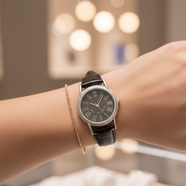 Aangepaste "Net Getrouwd" Horloge Cadeau voor Echt (Black Leather Couple Gift – Personalized Bachelorette, Wedding or Engagement Present)
