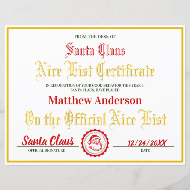 Aangepaste Nice List Certificaat Kerst Sjabloon (Voorkant)