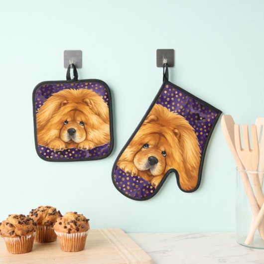 Aangepaste NIKO-CHOW HOND Ovenwant & Pannenlap Set (Insitu(Ophanging))