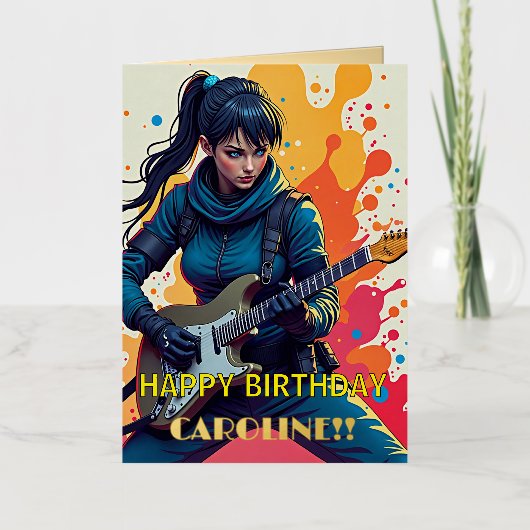 Aangepaste Ninja Girl Gitarist Art Inspirerend Folie Wenskaart (Voorkant)