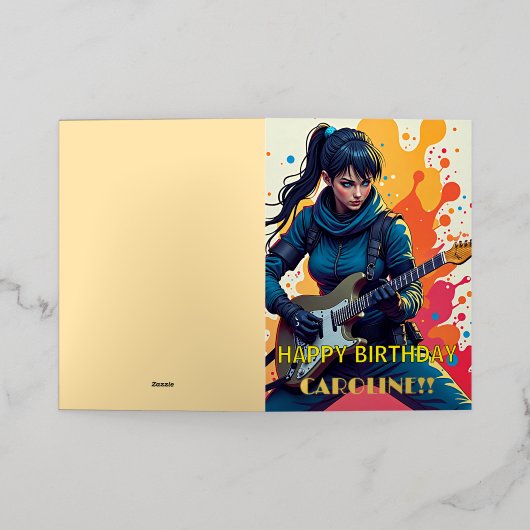 Aangepaste Ninja Girl Gitarist Art Inspirerend Folie Wenskaart (Buiten Laag)