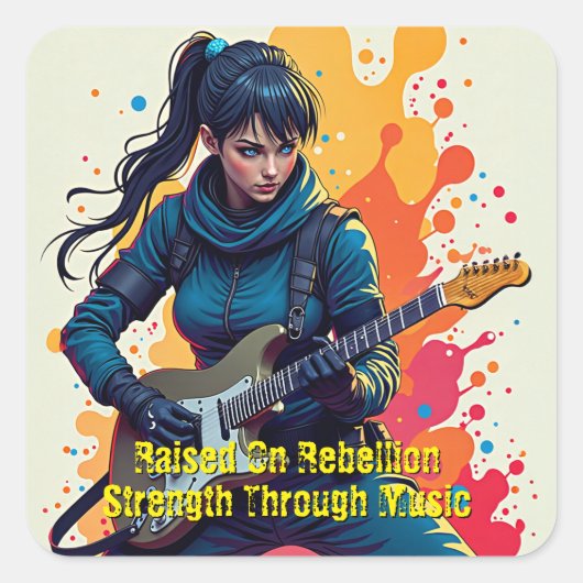 Aangepaste Ninja Girl Gitarist Art Inspirerend Vierkante Sticker (Voorkant)
