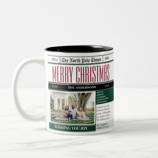 Aangepaste Noordpool krant Kerstfoto Tweekleurige Koffiemok (Links)