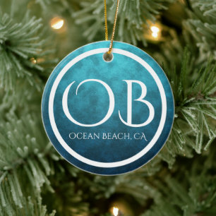 Aangepaste OB Ocean Beach, CA Blue Bkg Kerstmis Keramisch Ornament