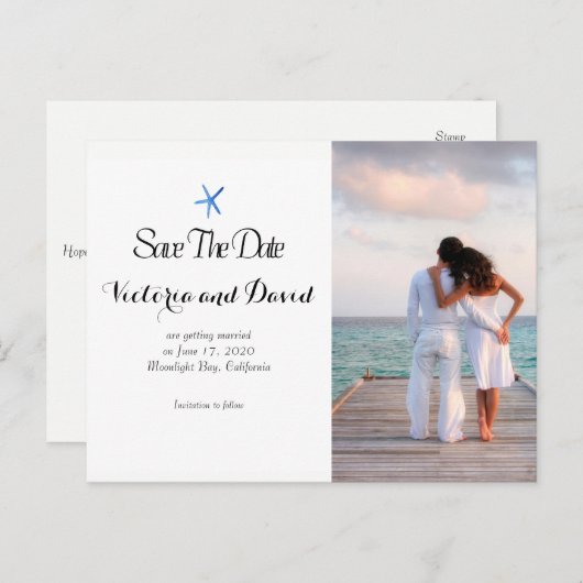 Aangepaste Ocean Blue Beach bruiloft Save the date Aankondigingskaart (Voorkant / Achterkant)