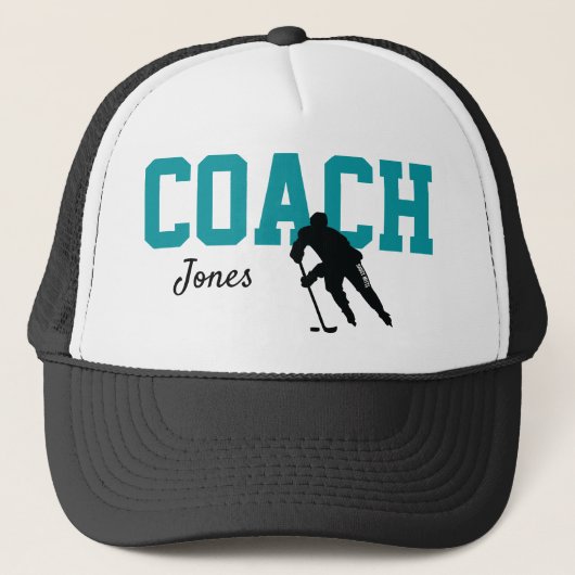 Aangepaste ockey Coach Name Shark Blauwgroen Trucker Pet (Voorkant)