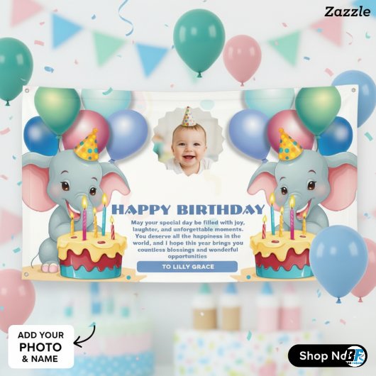 Aangepaste Olifant Baby Verjaardagsfeest Decoratie Spandoek