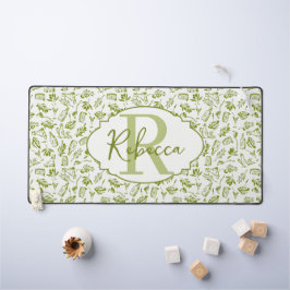 Aangepaste olijfbladmonogram sagegroen rijk bureaumat