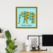 Aangepaste Olive Green Blue Gold Elephant Poster (Thuiskantoor)