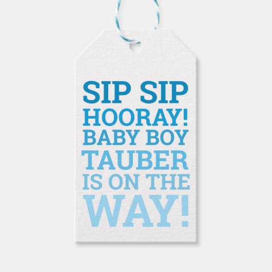 Aangepaste Ombre Sip Sip Hooray Baby Boy Shower Cadeaulabel (Voorkant)