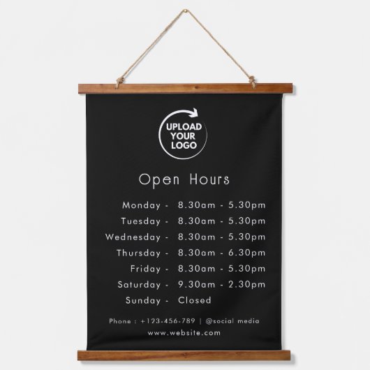Aangepaste openingstijden deur bord met bedrijfslo hangend wandkleed (Voorkant)