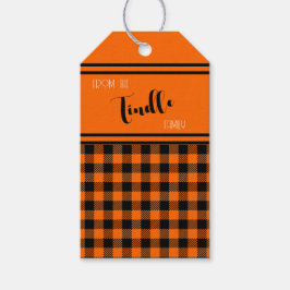 Aangepaste Oranje Buffalo Check Plaid Holiday Cadeaulabel