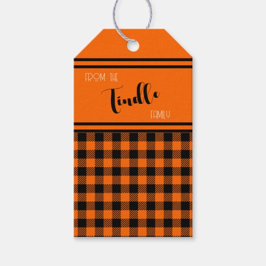 Aangepaste Oranje Buffalo Check Plaid Holiday Cadeaulabel (Voorkant)