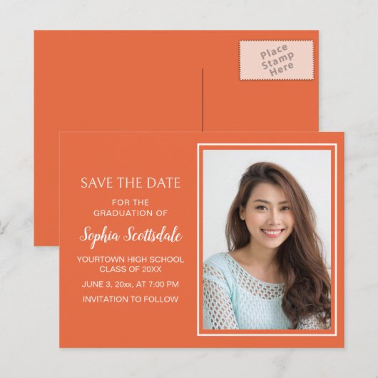Aangepaste Oranje foto-Afstuderen Opslagdatum Aankondigingskaart (Voorkant / Achterkant)