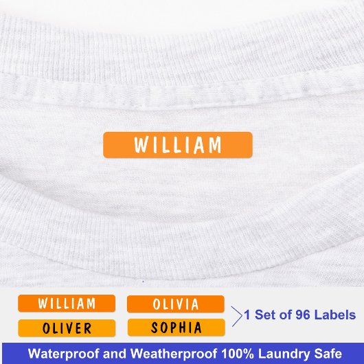 (Aangepaste Oranje waterdichte Labels) Kinder Naam Labels