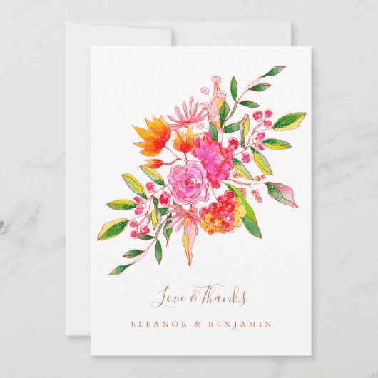 Aangepaste Oranje Waterverf Floral Photo Wedding Bedankkaart (Voorkant)