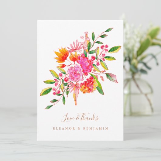 Aangepaste Oranje Waterverf Floral Photo Wedding Bedankkaart (Staand voorkant)