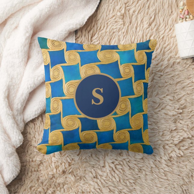 Aangepaste Oud-Egyptische Monogram Blauw Goud Kussen (Deken)