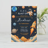 Aangepaste Outer Boy Blast Off Rocket Ship Verjaar Kaart (Staand voorkant)