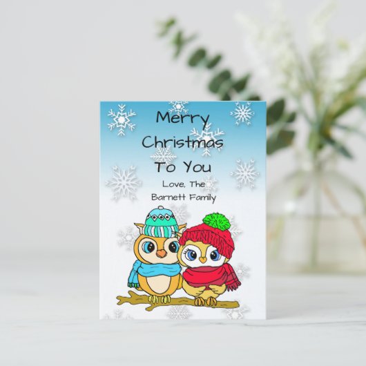 Aangepaste Owl Couple op de Kerstmis van de boomta Briefkaart (Staand voorkant)
