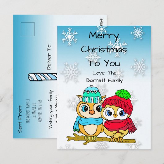 Aangepaste Owl Couple op de Kerstmis van de boomta Briefkaart (Voorkant / Achterkant)
