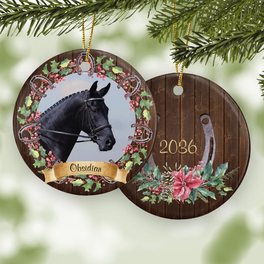 Aangepaste Paard Foto Rustiek Hout Kerstmis Keramisch Ornament