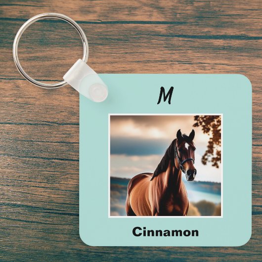 Aangepaste paardenfoto blauw gepersonaliseerd mono sleutelhanger