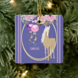 Aangepaste paardenroze en periwinkle keramisch ornament