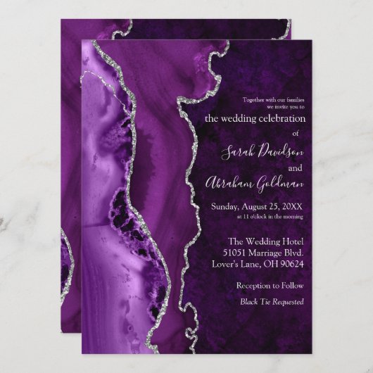 Aangepaste Paarse Agaat Zilveren Glitter Bruiloft Kaart (Voorkant / Achterkant)