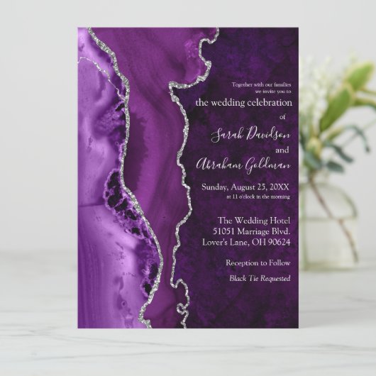 Aangepaste Paarse Agaat Zilveren Glitter Bruiloft Kaart (Staand voorkant)