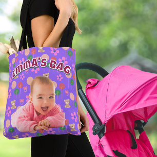 Aangepaste Paarse Baby Foto met Teddy Bears Tote Bag