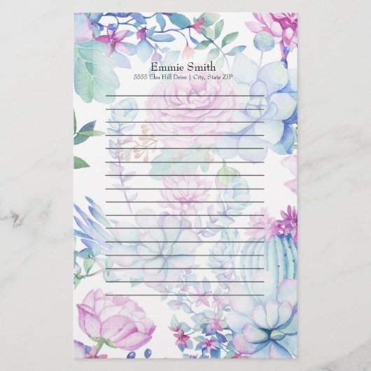 Aangepaste Paarse blauwe cactus en Floral White Briefpapier (Voorkant)