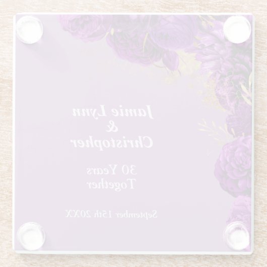 Aangepaste Paarse Bloemen Bruiloft Jubileum Glazen Onderzetter (Achterkant)