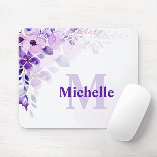 Aangepaste Paarse Bloemen met Naam en Monogram Muismat (Met muis)